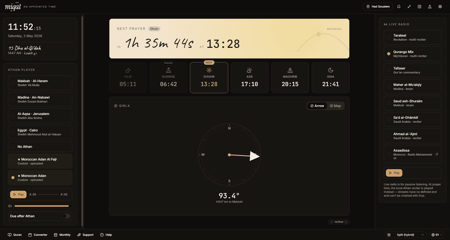 Miqāt desktop app — split layout with prayer cards, Athan player, Qibla compass, and live radio