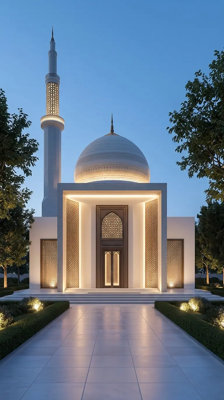 A modern masjid at dusk — the warm light of Maghrib